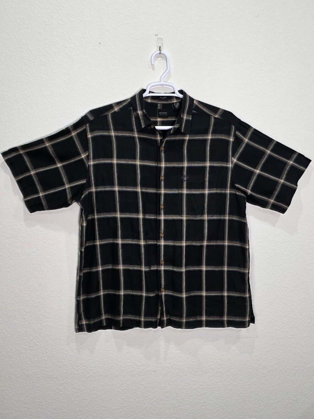 Arrow USA 1851 Linen Blend Plaid Short Sleeve Shirt Men's Size L Black Button Up